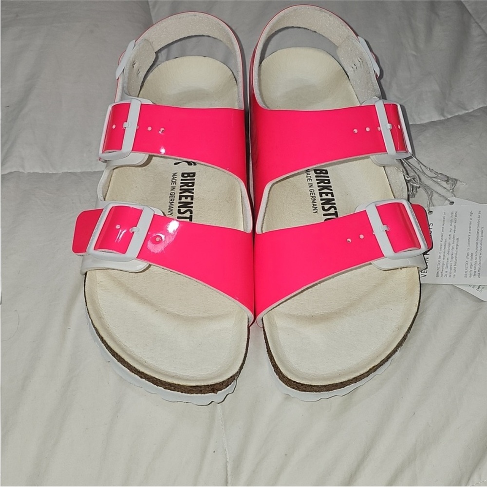 Birkenstock Womens Vegan Sandals L9-M7 40 Hot Pink & White Nwts - Picture 12 of 14